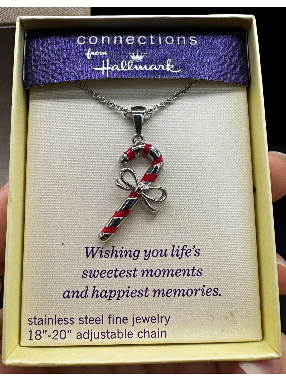 Connections From Hallmark Stainless Steel Enamel Candy Cane Necklace 18-20"